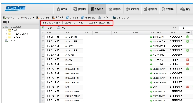 대우조선해양 임직원의 MDM 에이전트 설치 현황을 알 수 있는 화면