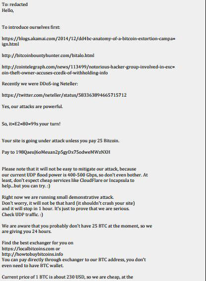 DD4BC가 DDoS 공격후 1차로 보낸 협박 이메일(자료:아카마이)