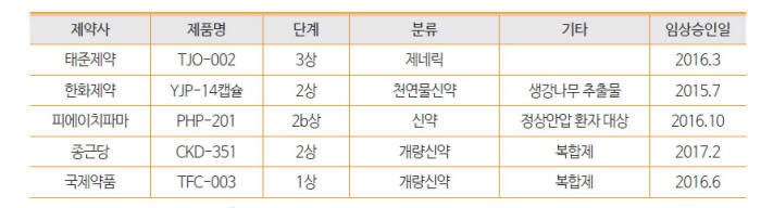 국내 기업 녹내장 치료제 개발 현황(자료: 한국보건산업진흥원)