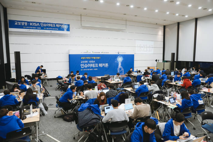 지난 25, 26일 서울 겅남구 교보타워에서 국내 최초 '인슈어테크 해커톤' 경진대회 참가자들이 시제품을 개발하고 있다.