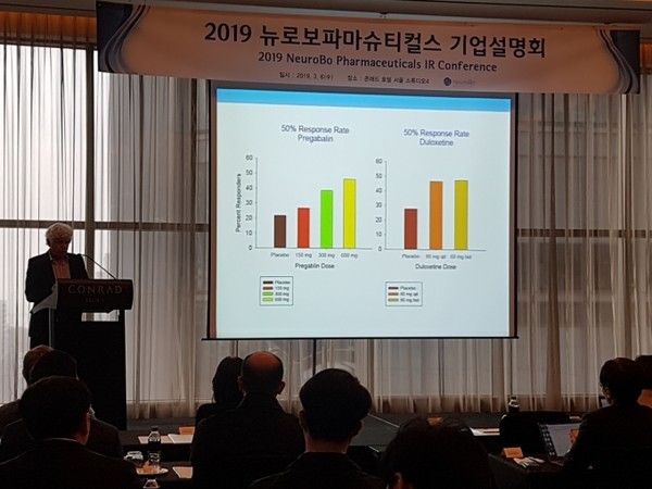 로이 프리먼 뉴로보파마슈티컬스 과학자문위원회 의장이 2019년 서울 여의도 콘레드 호텔에서 열린 기업설명회에서 발표하고 있다.