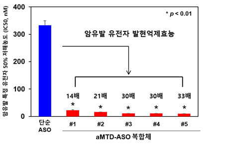 TSDT 플랫폼기술이 적용된 펩타이드-핵산 복합체(aMTD-ASO conjugate)가 세포 내부로 전송해 암유발 특정유전자 발현억제효능 증명: 최대 33배, 99% 신뢰수준. 사진/셀리버리