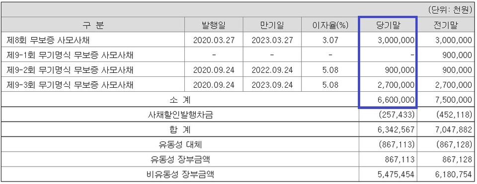 비보존제약 사채 발행 현황(2021년말 기준). 자료/감사보고서