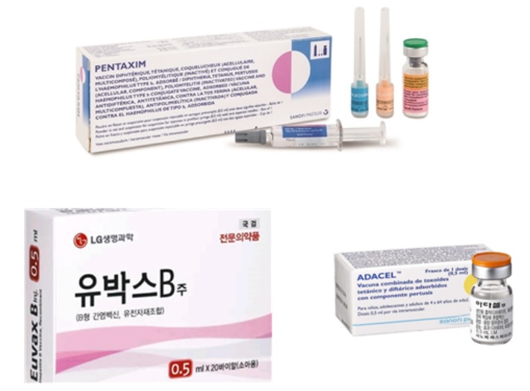 (위부터 시계방향으로)사노피파스퇴르 펜탁심, 아다셀주, LG화학 유박스비주 0.5ml 사진/약학정보원