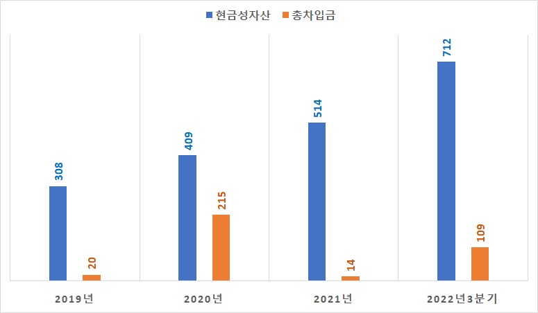 부광약품 차입금 및 현금성자산 추이(별도). 자료/분기보고서