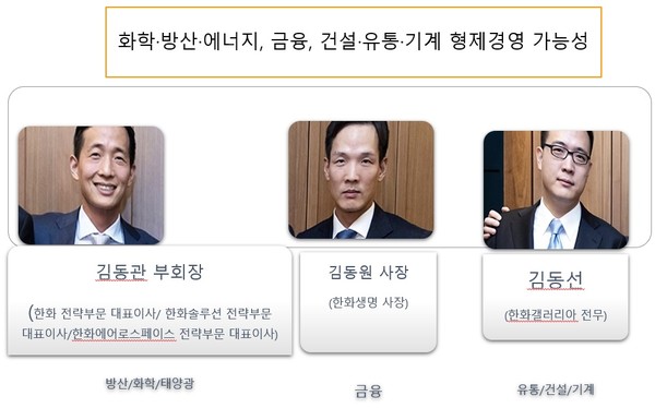 김동선 한화갤러리아 전략본부장(전무)가 한화, 한화에너지 외에 한화갤러리아 지분을 취득하면서 김동관(방산/화학/태양광), 김동원(금융), 김동선(유통/건설/기계) 형제경영이 공식화됐다. 김동관 한화 전략부문 대표이사 겸 한화솔루션 전략부문 대표이사, 한화에어로스페이스 전략부문 대표이사는 한화솔루션과 한화에어로스페이스 대표이사를 맡으면서 석유화학과 방산사업부문, 에너지 사업부문을 통괄하고 있다. 김동원 한화생명 사장(최고글로벌책임자)은 한화생명 지분을 갖고 있으면서 한화의 금융사업 부문에 대한 지배권을 갖고 있다. 김동선 한화갤러리아 전략본부장(전무)는 한화갤러리아가 한화솔루션에서 분할신설되면서 독립법인의 지분을 확보했다. 향후 한화의 건설부문과 기계부문이 분할될 지 여부에 따라서 형제 간 독립경영의 구도가 달라질 수도 있을 전망이다.