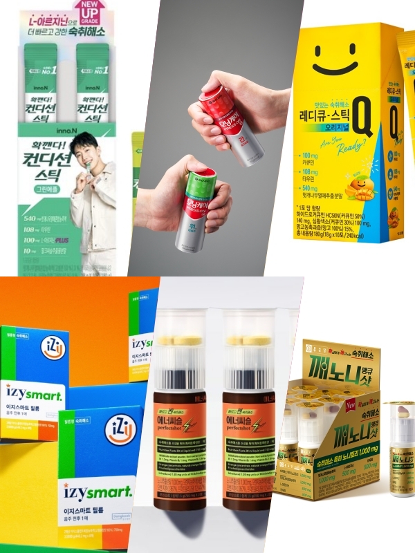 (왼쪽 위부터)HK이노엔 컨디션, 동아제약 모닝케어, 한독 레디큐, 동국제약 이지스마트, 대웅제약 에너씨슬 퍼펙트샷 쎈, 종근당 깨노니 땡큐샷. 사진/각사 제공