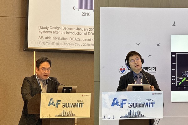 AF SUMMIT 2024 런천 및 산학 세션에서 이대인 교수(좌)와 허정호 교수가 발표를 진행하고 있다. 사진/한미약품
