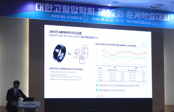 대한고혈압학회 제62회 춘계학술대회에서 이병환 스카이랩스 대표가 발표하고 있다. 사진/대웅제약