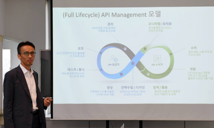 조상원 한국CA테크놀로지 이사가 17일 서울 삼성동 한국CA 본사에서 풀 라이프사이클 API 플랫폼에 대해 소개하고 있다. 한국CA 제공