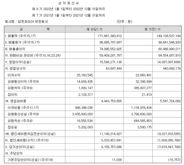 암젠코리아 감사보고서 출처/한구거래소 전자공시시스템