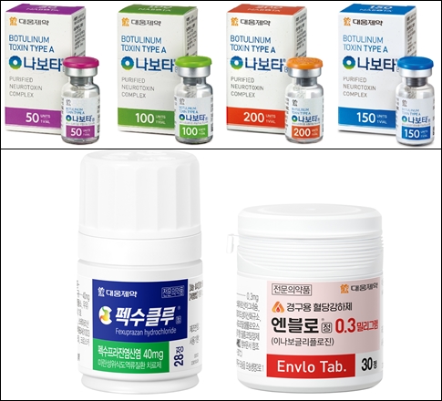 보툴리눔 톡신 '나보타(위)'와 위식도역류질환 치료제 '펙수클루(아래 왼쪽)'·당뇨병치료제 '엔블로'. 사진/대웅제약